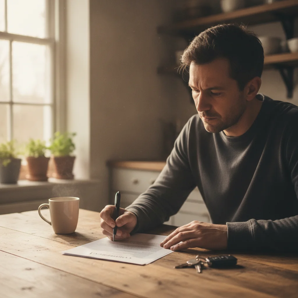 A person carefully reading a vehicle sale contract at a table with car keys nearby