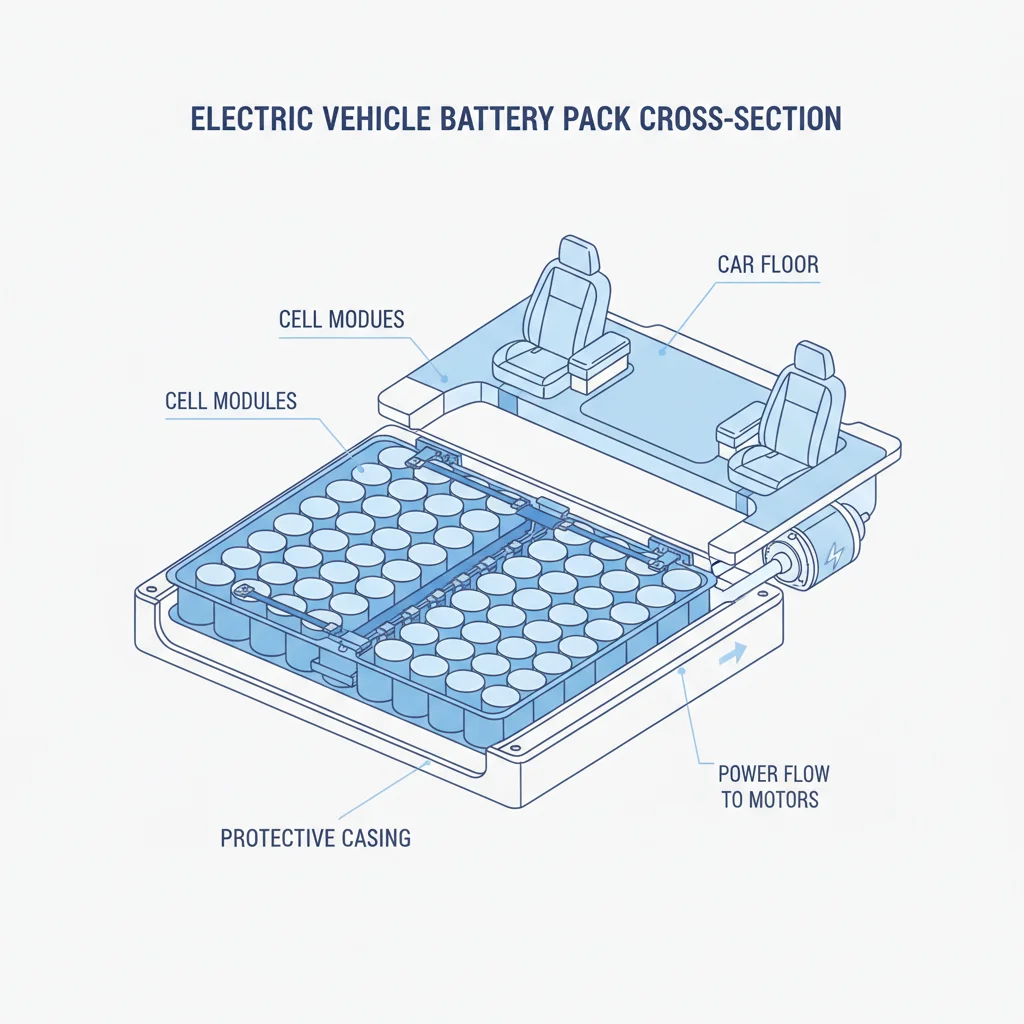 Cutaway illustration of a flat EV battery pack showing individual cell modules beneath a vehicle floor