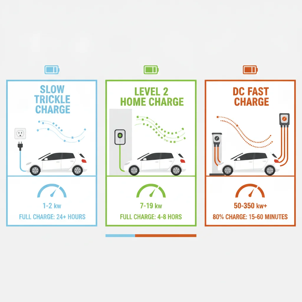 Three charging scenarios side by side showing Level 1 outlet, Level 2 home charger, and DC fast charging station
