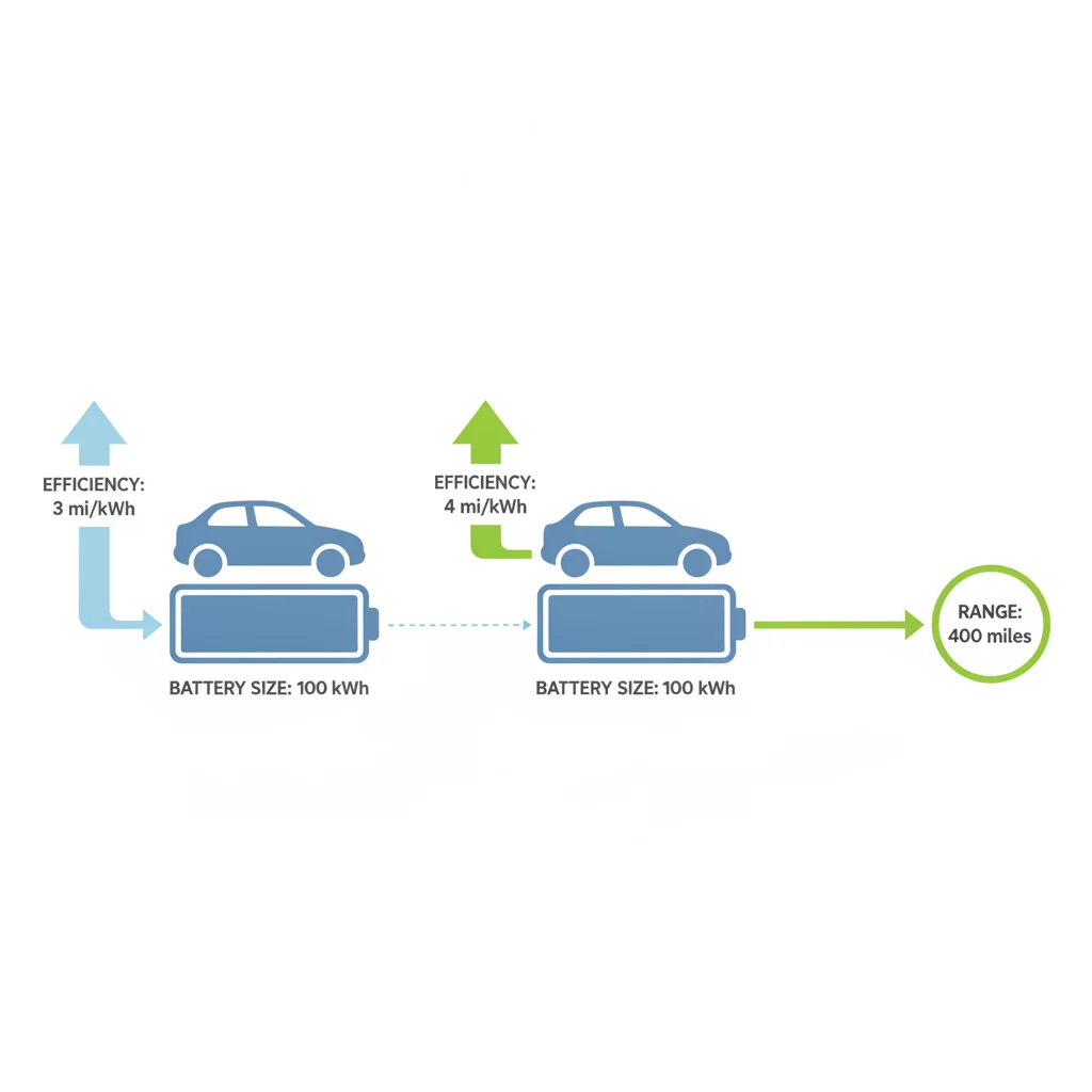 Infographic comparing two EVs with the same battery size achieving different driving ranges due to efficiency differences
