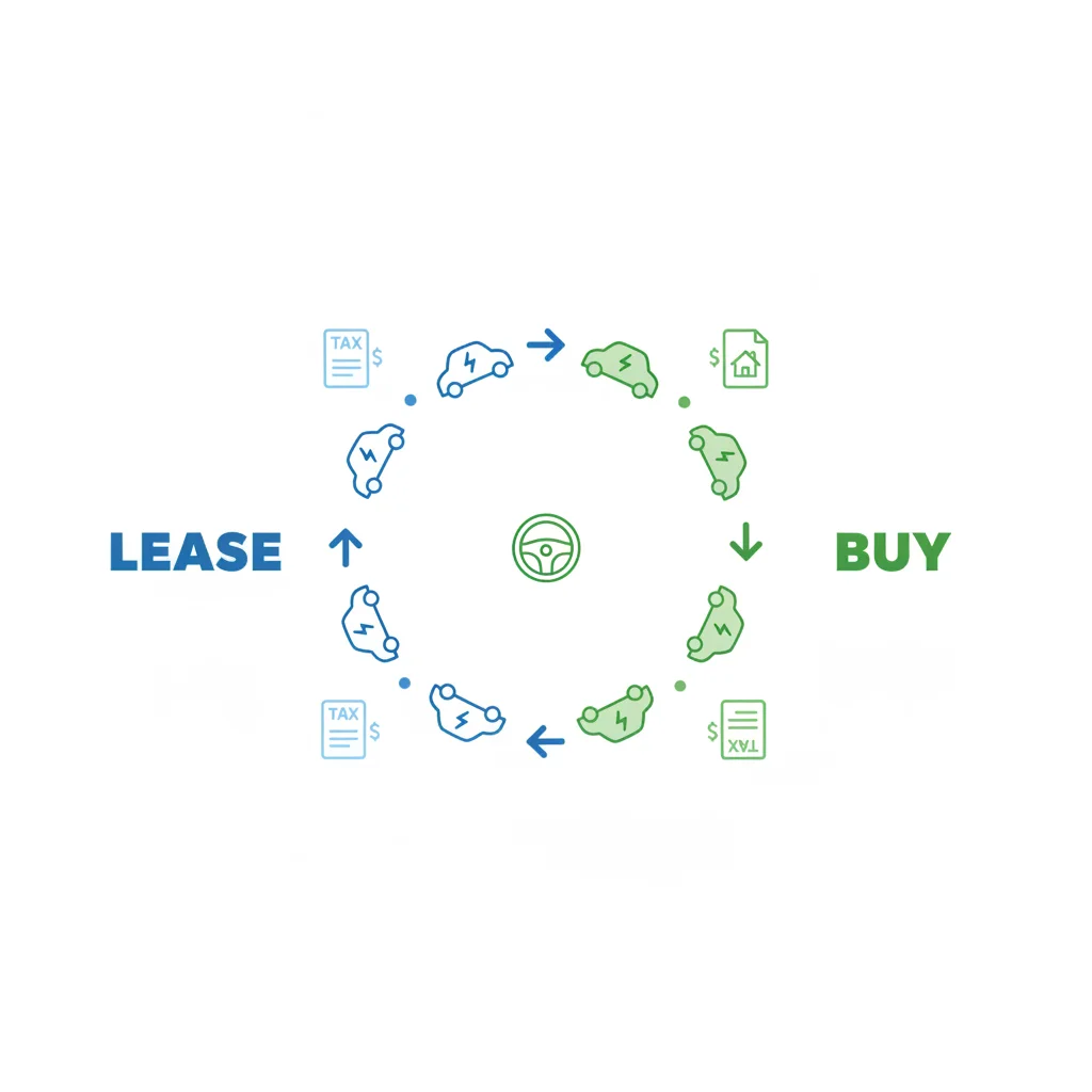 Illustrated diagram showing two diverging paths representing leasing versus buying an electric vehicle