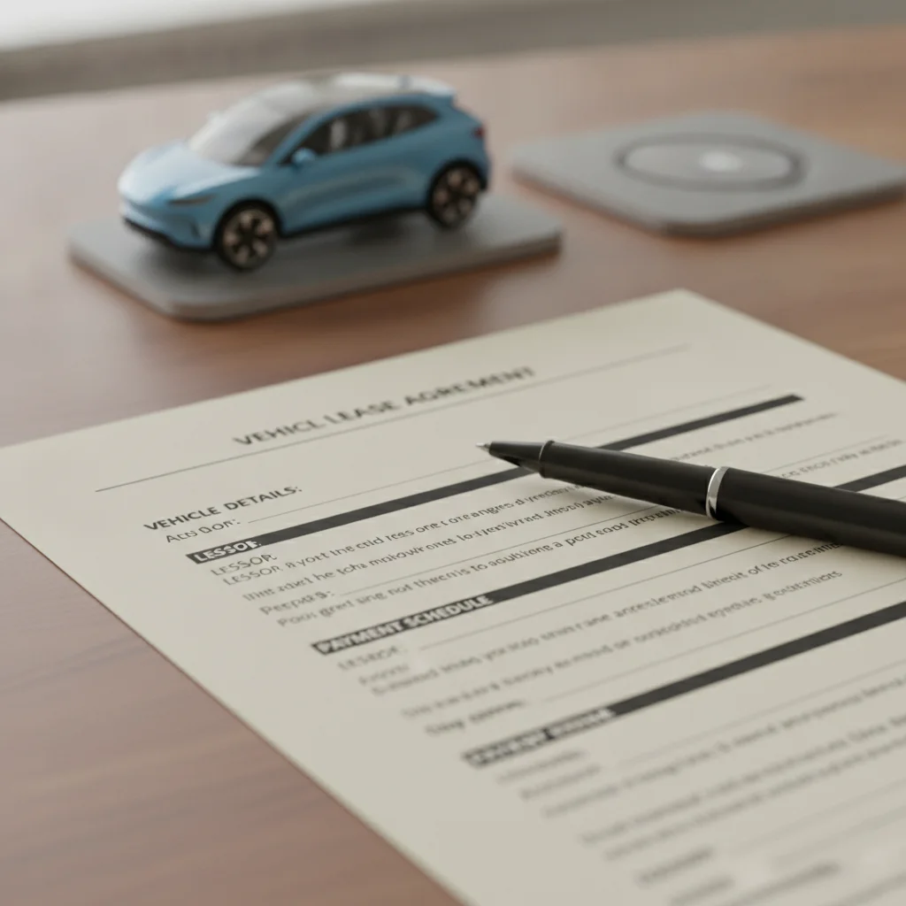 Lease agreement documents on a desk with an EV model visible in the background