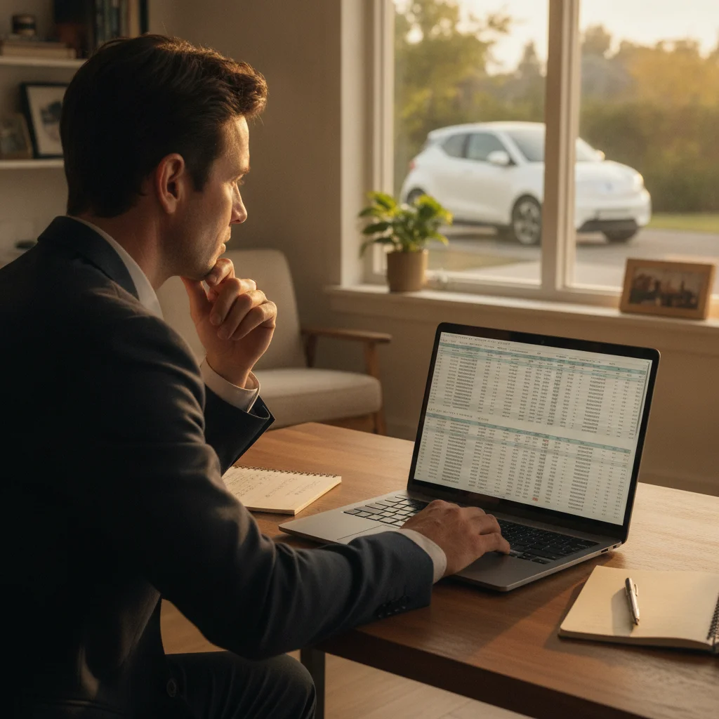 Person comparing EV lease and purchase financial options on a laptop with an electric car visible outside