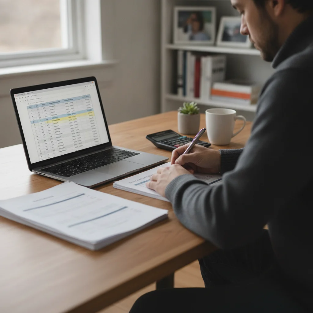 Person reviewing auto loan and lease rate documents side by side on a desk with a laptop