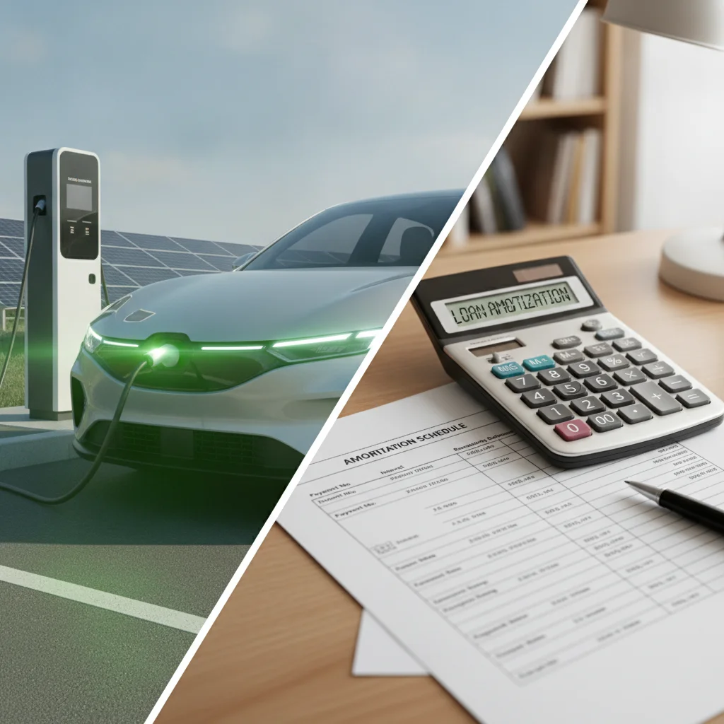 Electric vehicle charging beside auto loan paperwork illustrating the EV leasing versus buying tax credit decision
