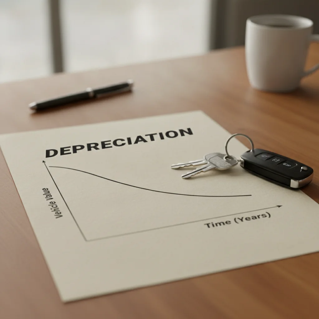 A depreciation curve graph showing vehicle value decline over time next to car keys