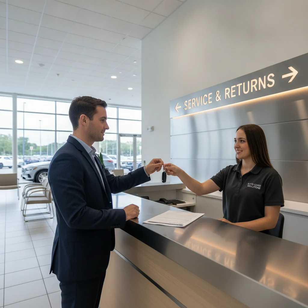 A person handing car keys to a dealer representative at a dealership counter