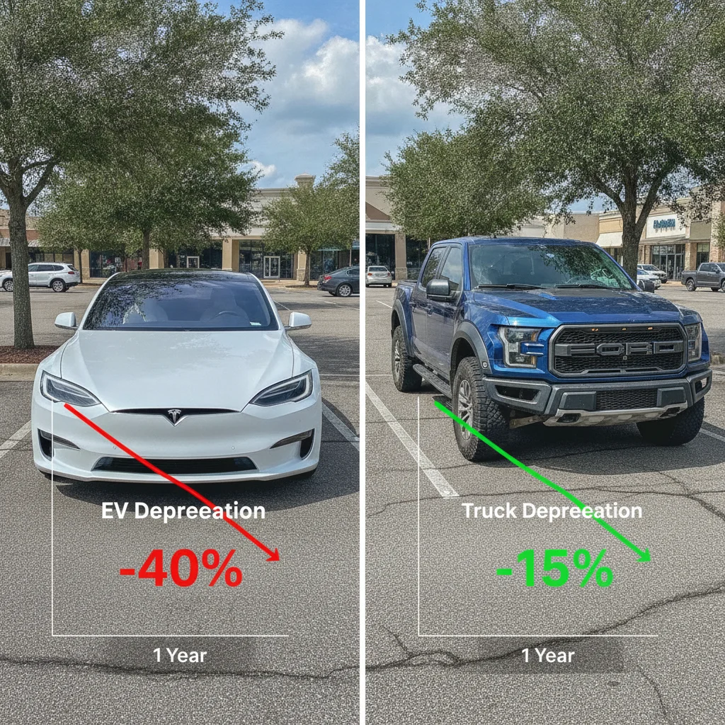 An electric vehicle and a pickup truck parked side by side representing different depreciation profiles
