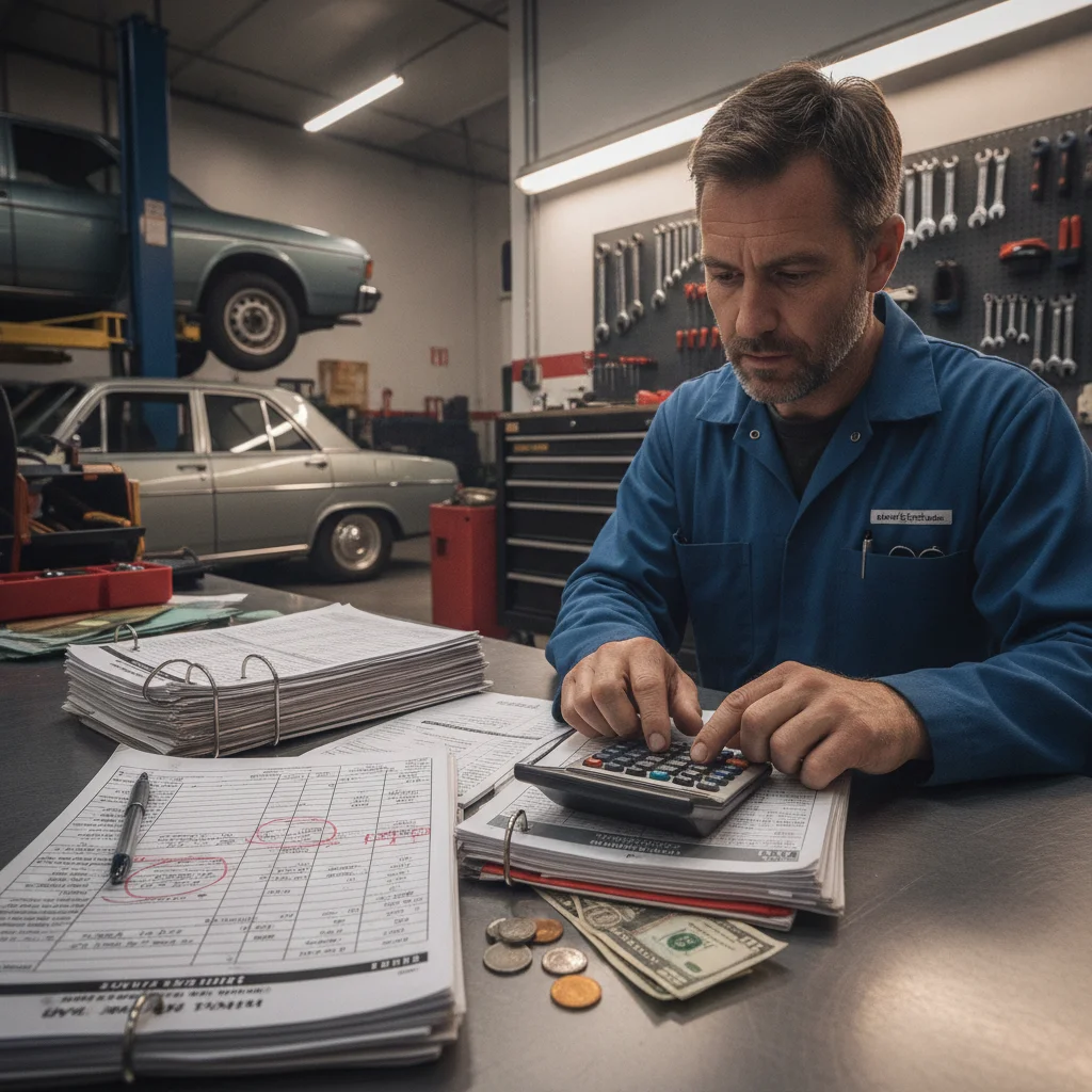 A mechanic reviewing service records and using a calculator to assess vehicle value at end of ownership