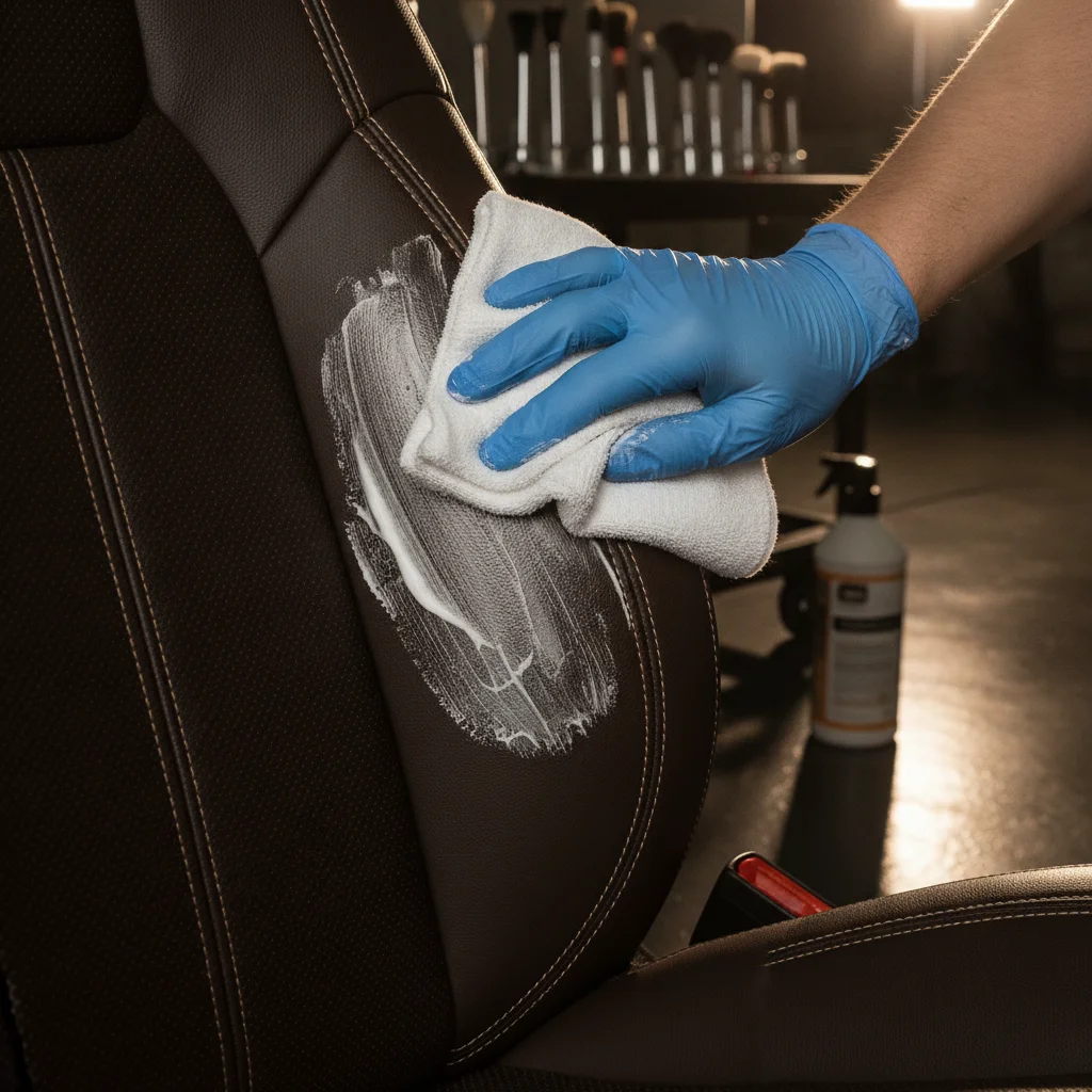 A gloved hand applying leather conditioner to a dark brown car seat using a microfiber cloth
