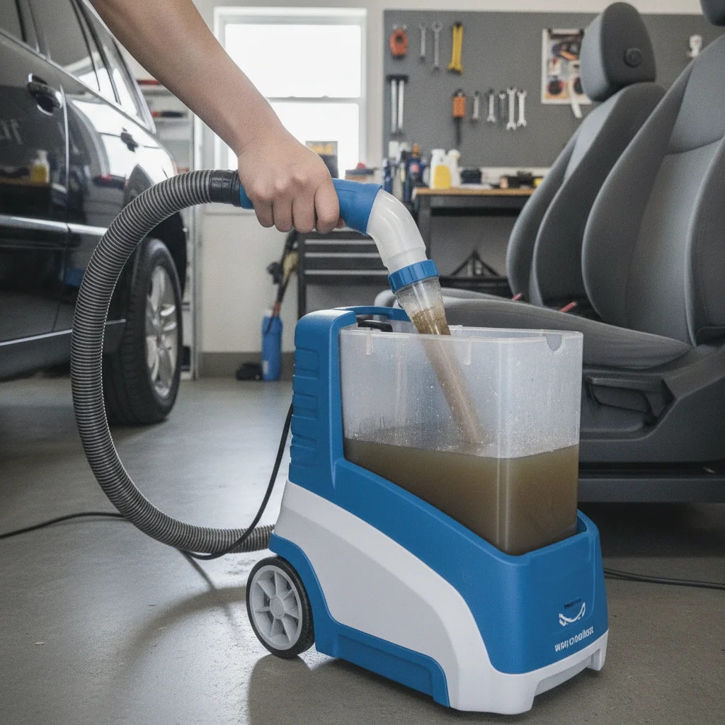 A portable extractor being used on gray cloth car seat upholstery to remove embedded dirt and cleaner residue