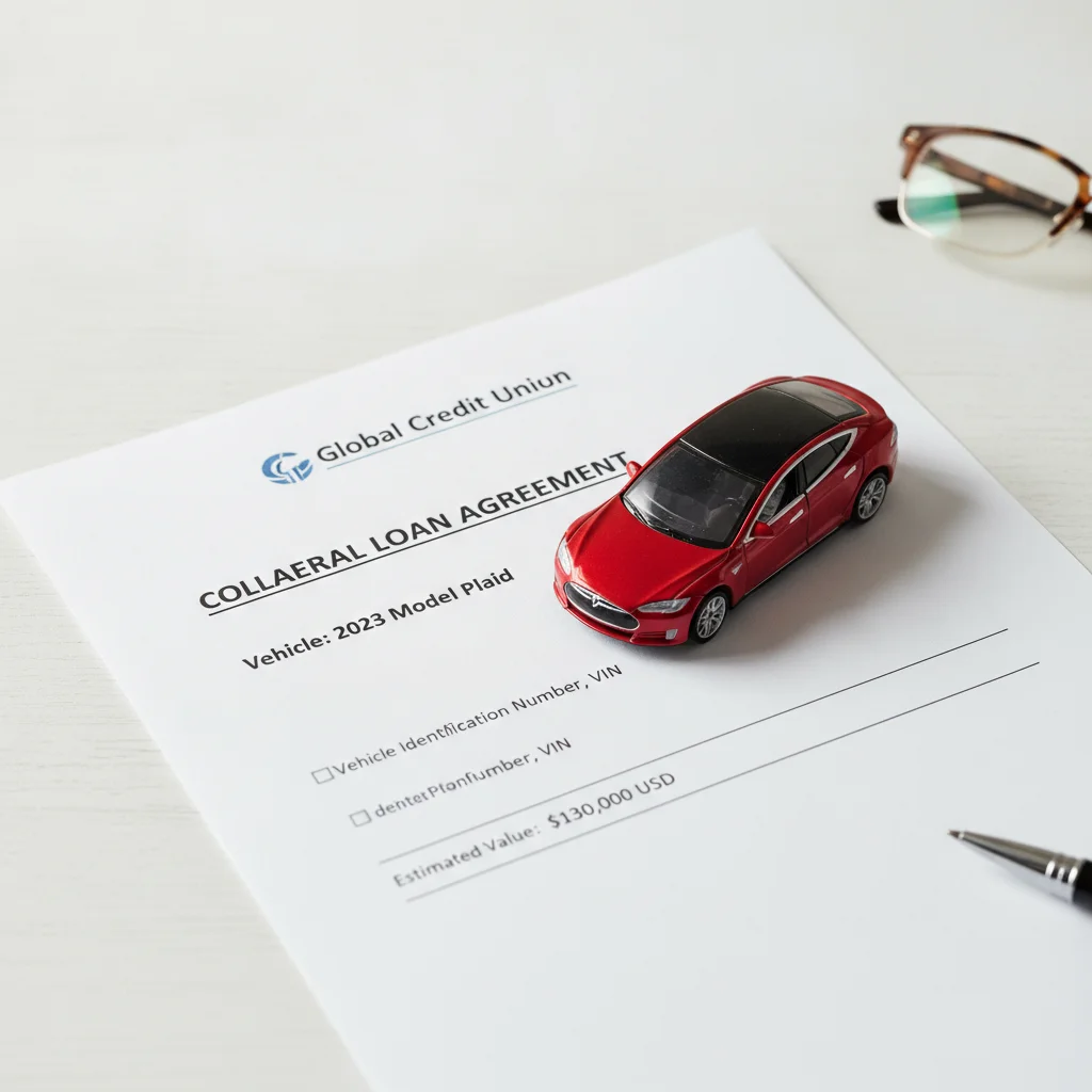 Lender loan document with a toy car placed on top representing vehicle as collateral