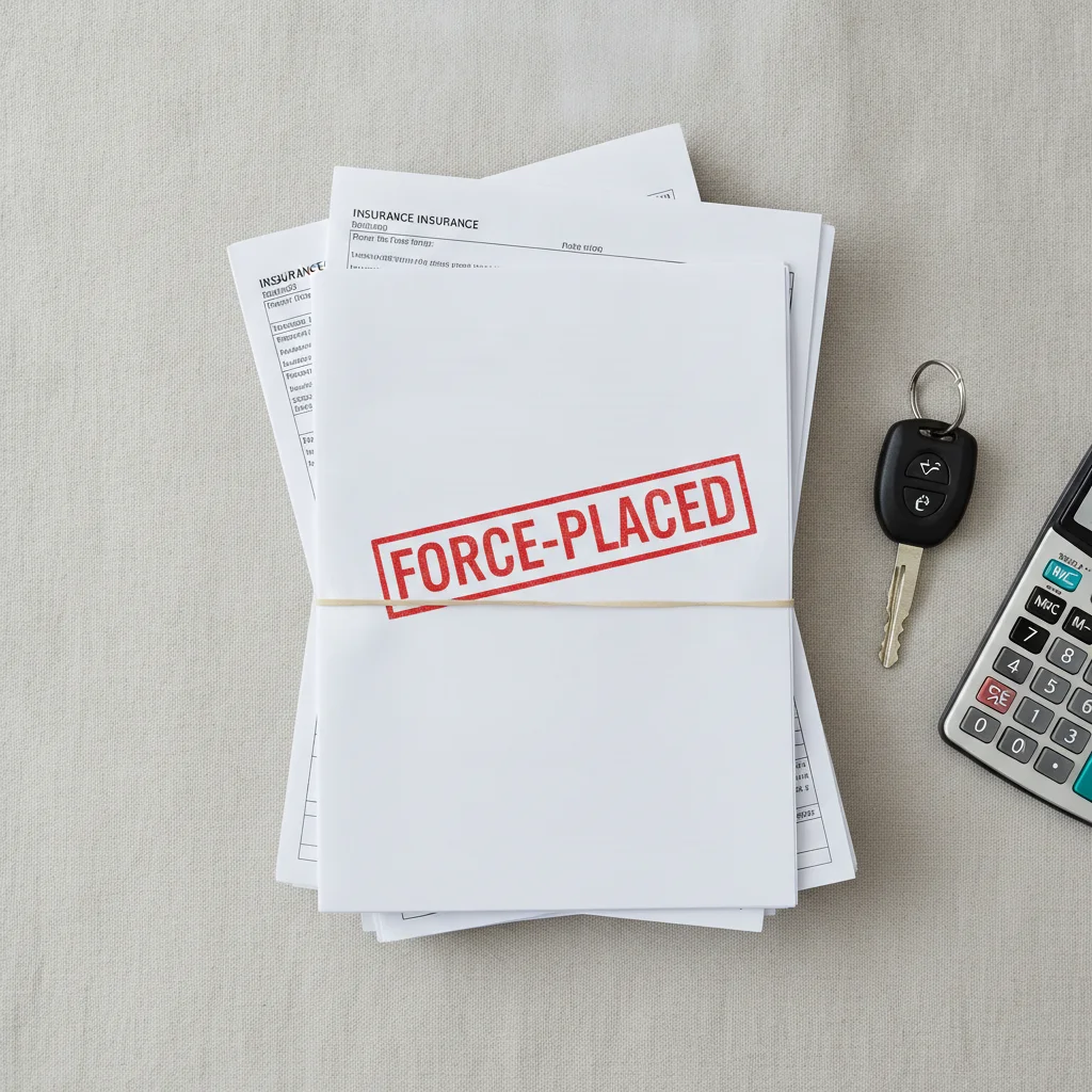 Insurance documents, car keys, and a calculator with a force-placed insurance stamp