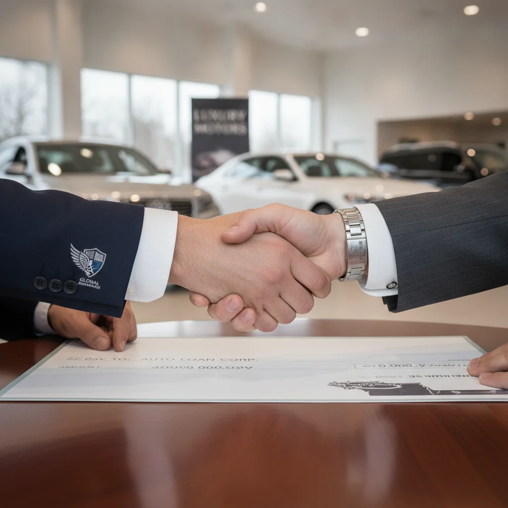 Insurance claim check being exchanged between an insurer representative and a lender at a car dealership