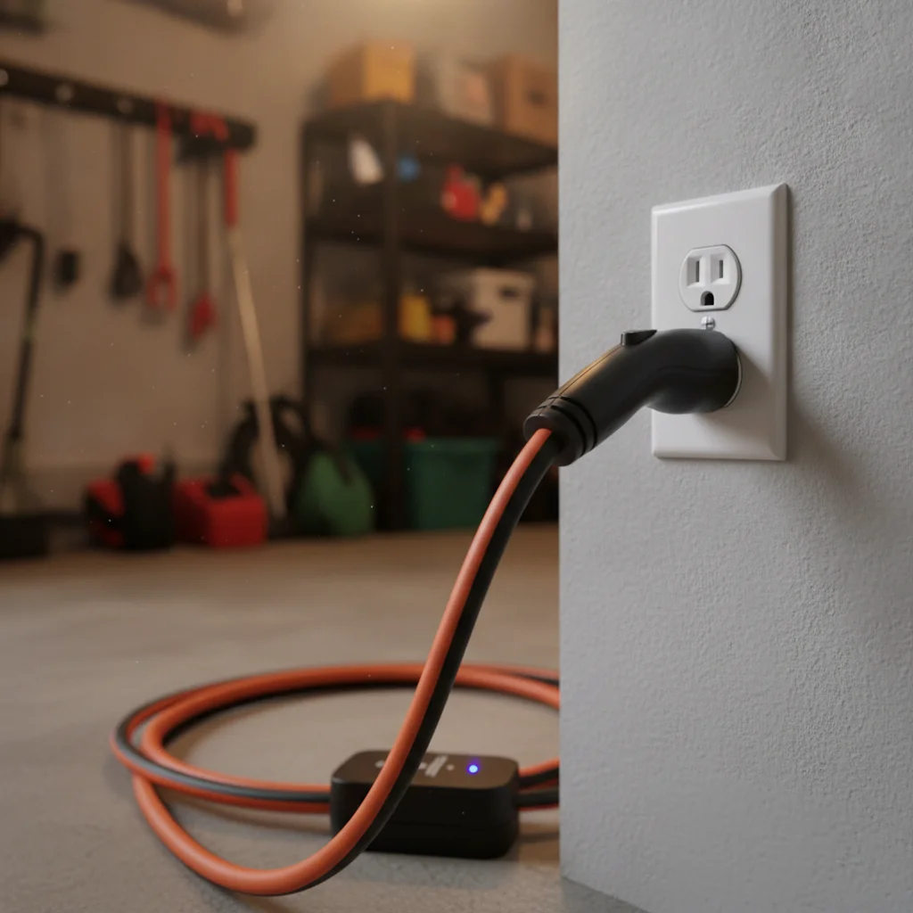 An EV mobile charging cable plugged into a standard 120-volt household outlet in a garage