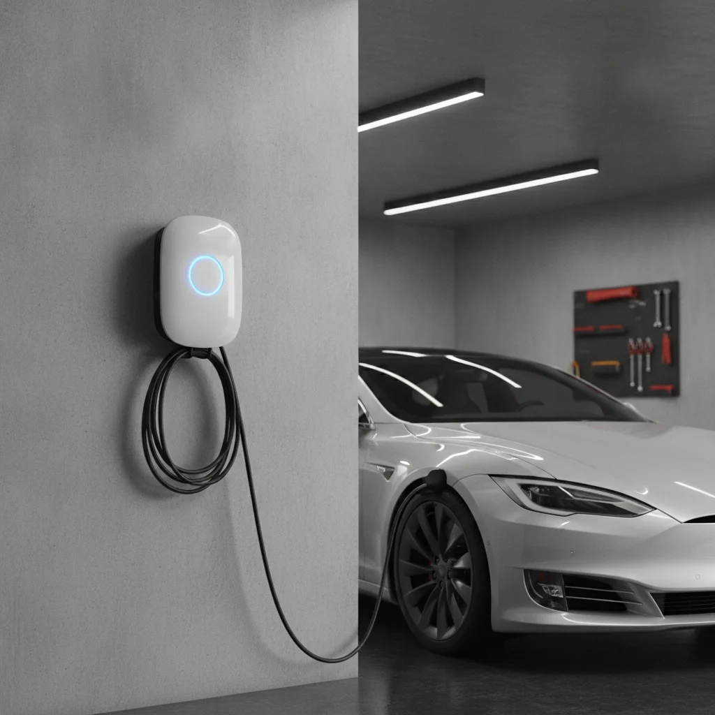 A white Level 2 EVSE home charging unit mounted on a garage wall with a coiled cable