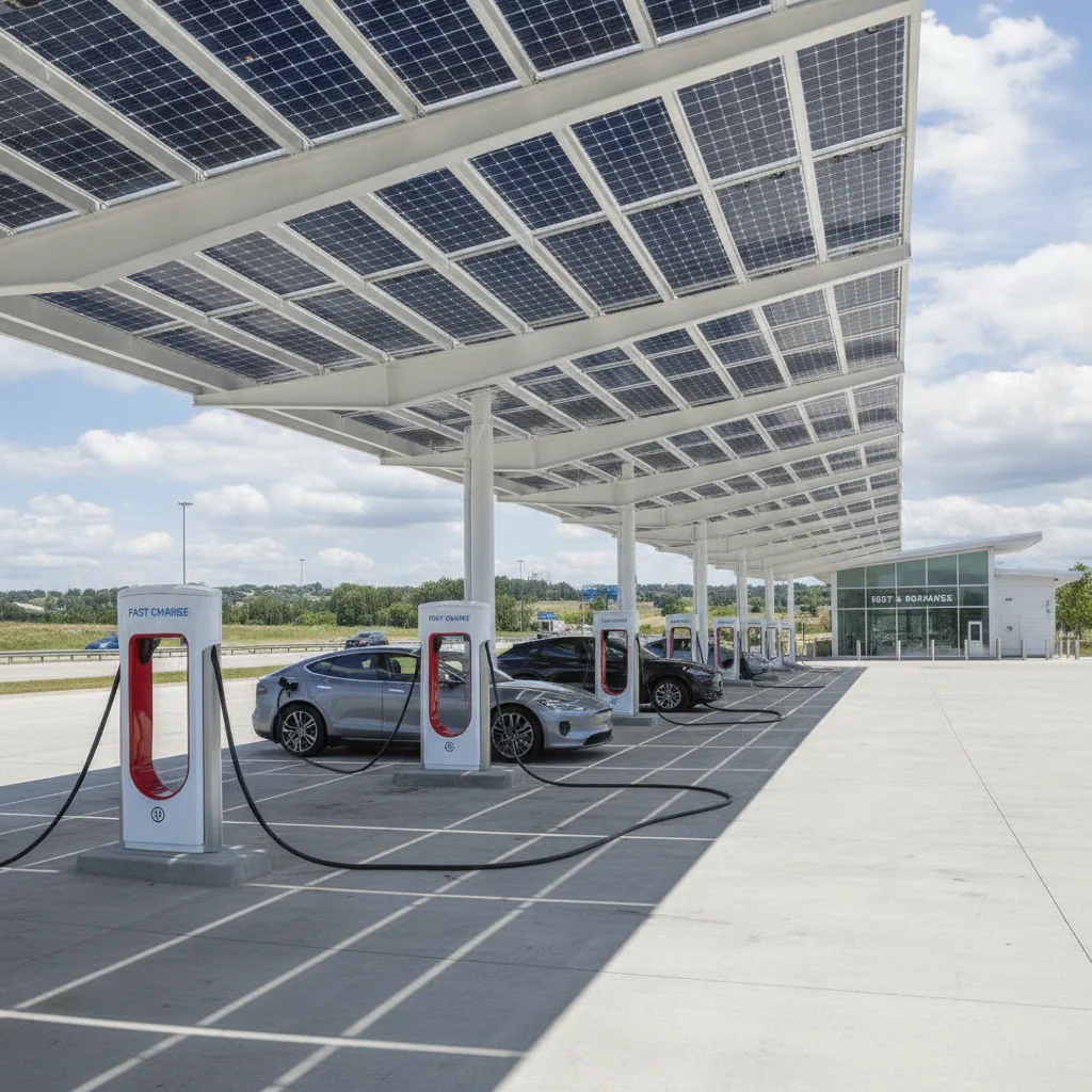 Multiple DC fast charging stations at a highway rest stop with electric vehicles connected and charging
