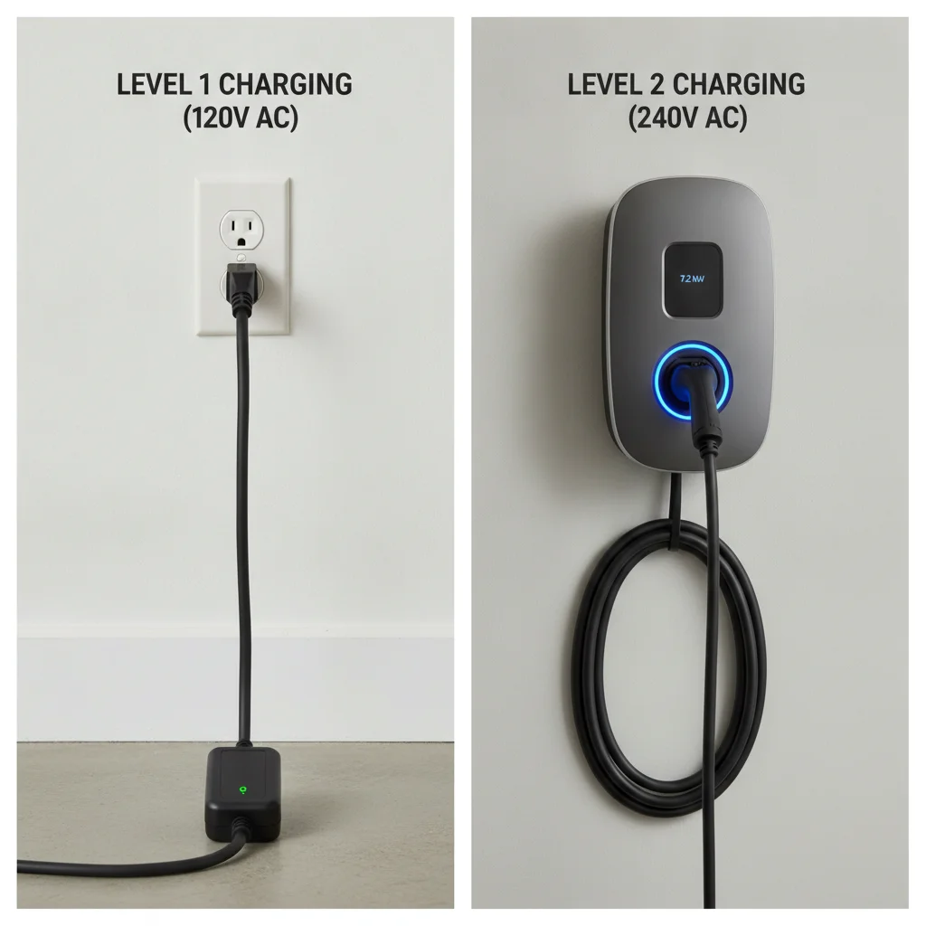 Close-up of Level 1 standard outlet charging cable next to a Level 2 EVSE wall unit connector
