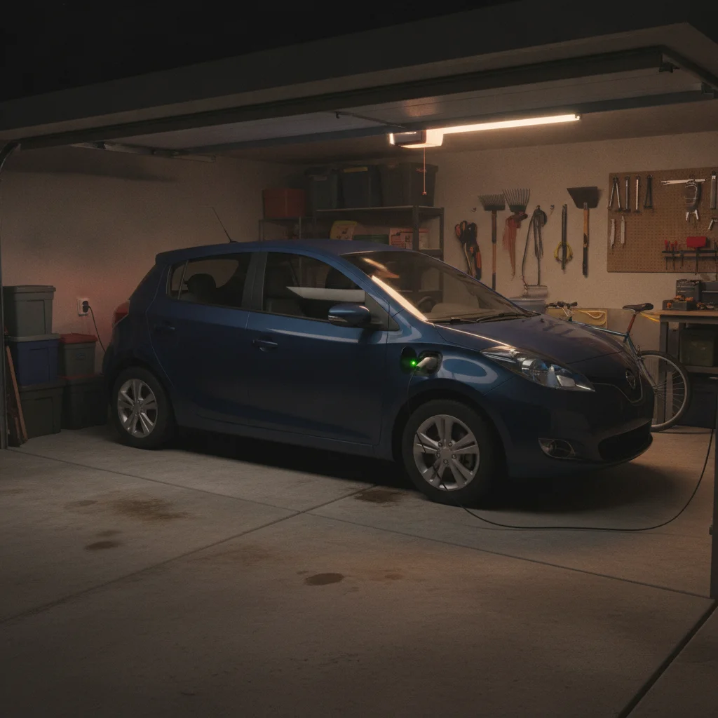 Compact electric vehicle plugged into a standard 120V wall outlet overnight in a suburban home garage