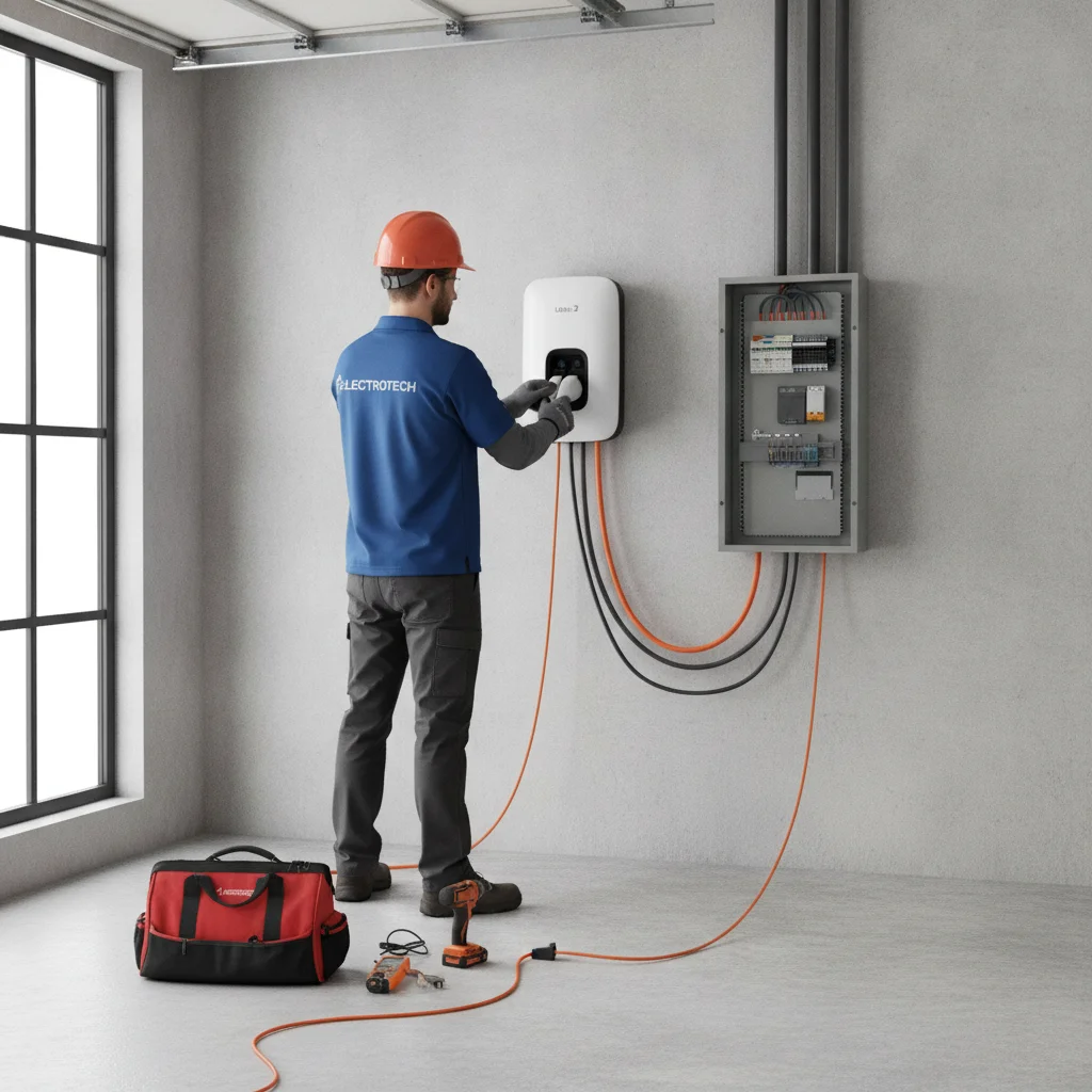 Electrician installing a Level 2 EV wall charger unit in a residential garage next to an electrical panel