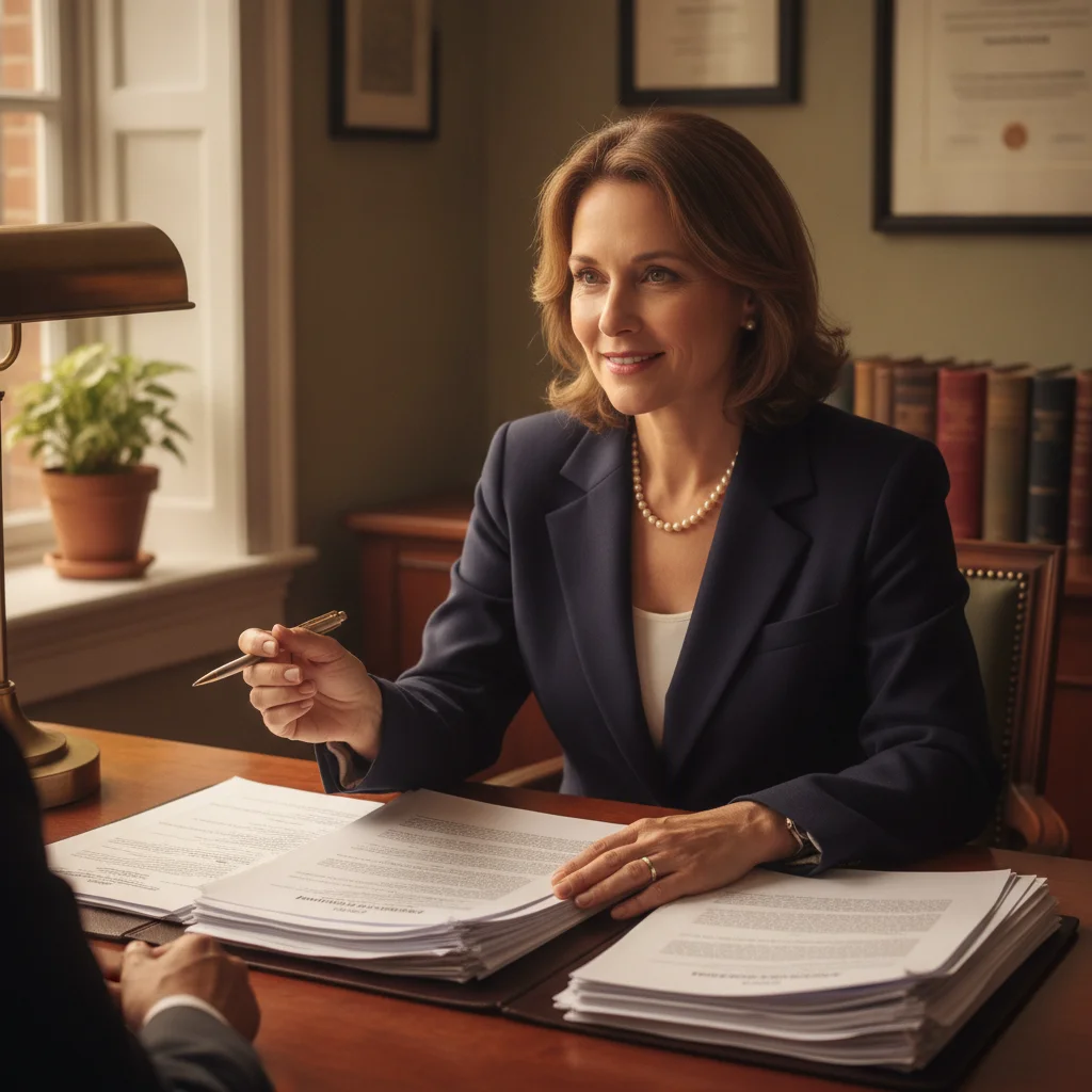 Insurance professional reviewing legal defense documents at a well-lit office desk