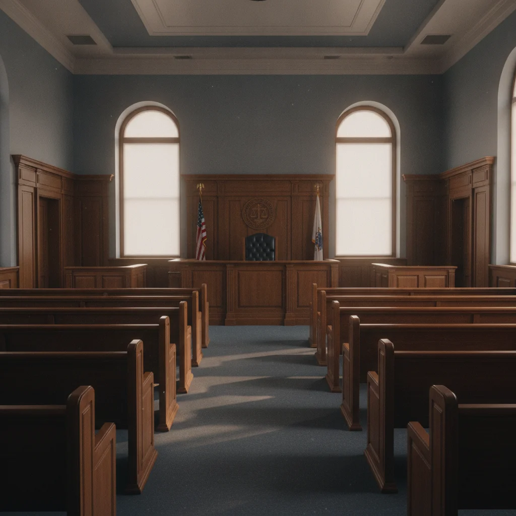 Empty courtroom interior with wooden benches and judge's bench under natural light