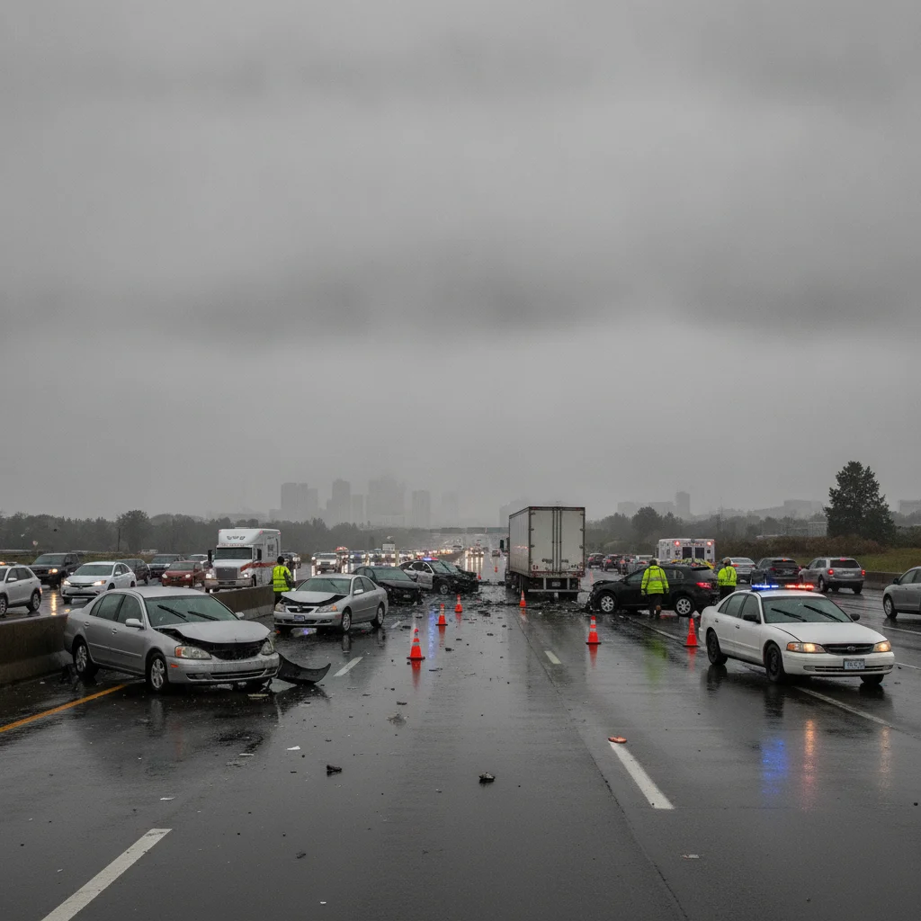 Multi-vehicle highway accident scene with several cars at angles and emergency cones on road