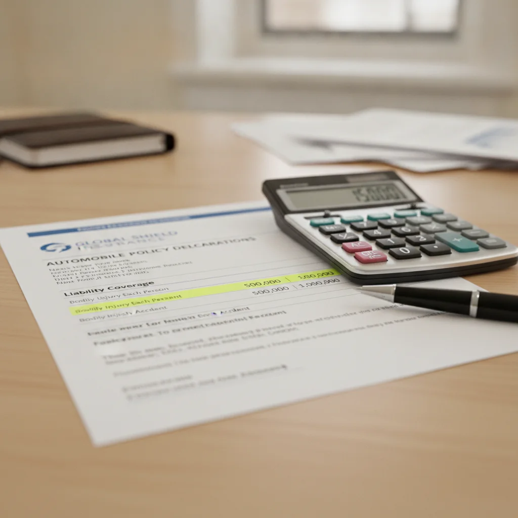 Insurance declarations page on a desk with liability limits highlighted and a calculator nearby