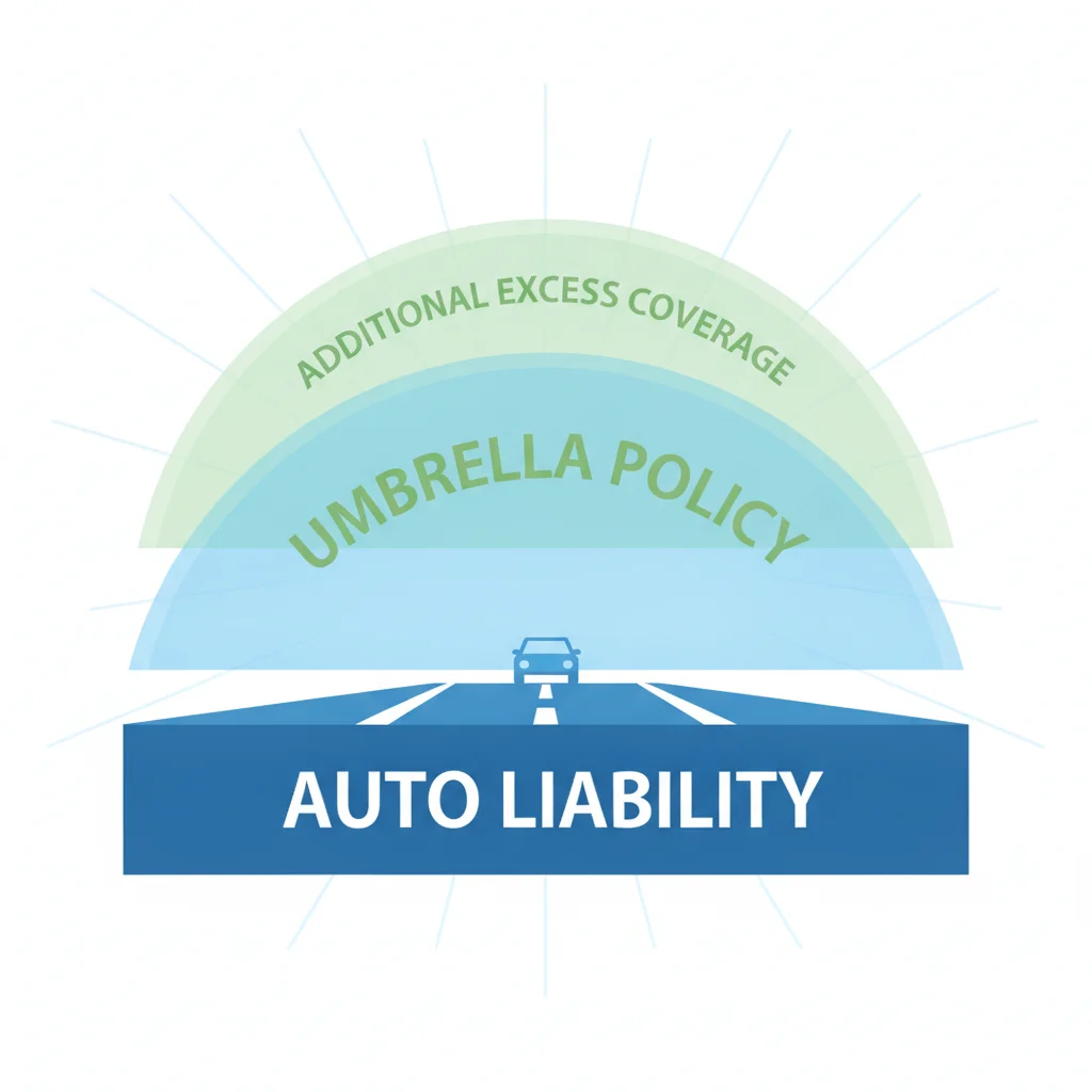 Diagram showing auto liability as a base layer with umbrella policy as a protective layer above it