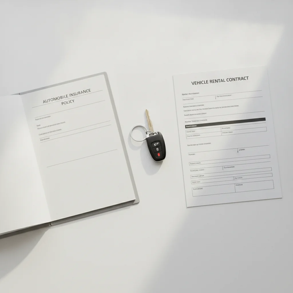 Insurance policy document alongside rental agreement and car keys on a desk
