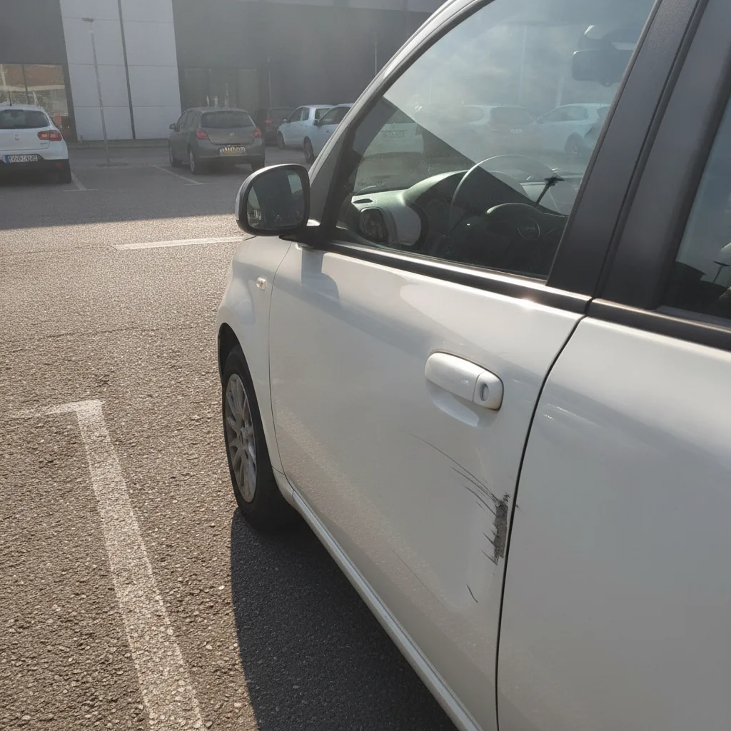 Rental car door panel showing a dent and scratch damage in a parking lot