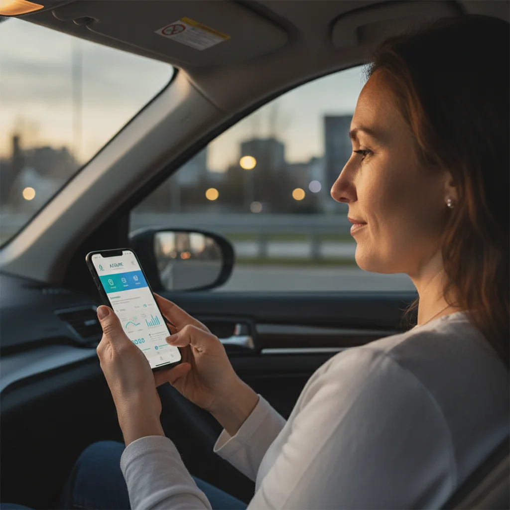 Driver reviewing insurance information on smartphone before renting a car