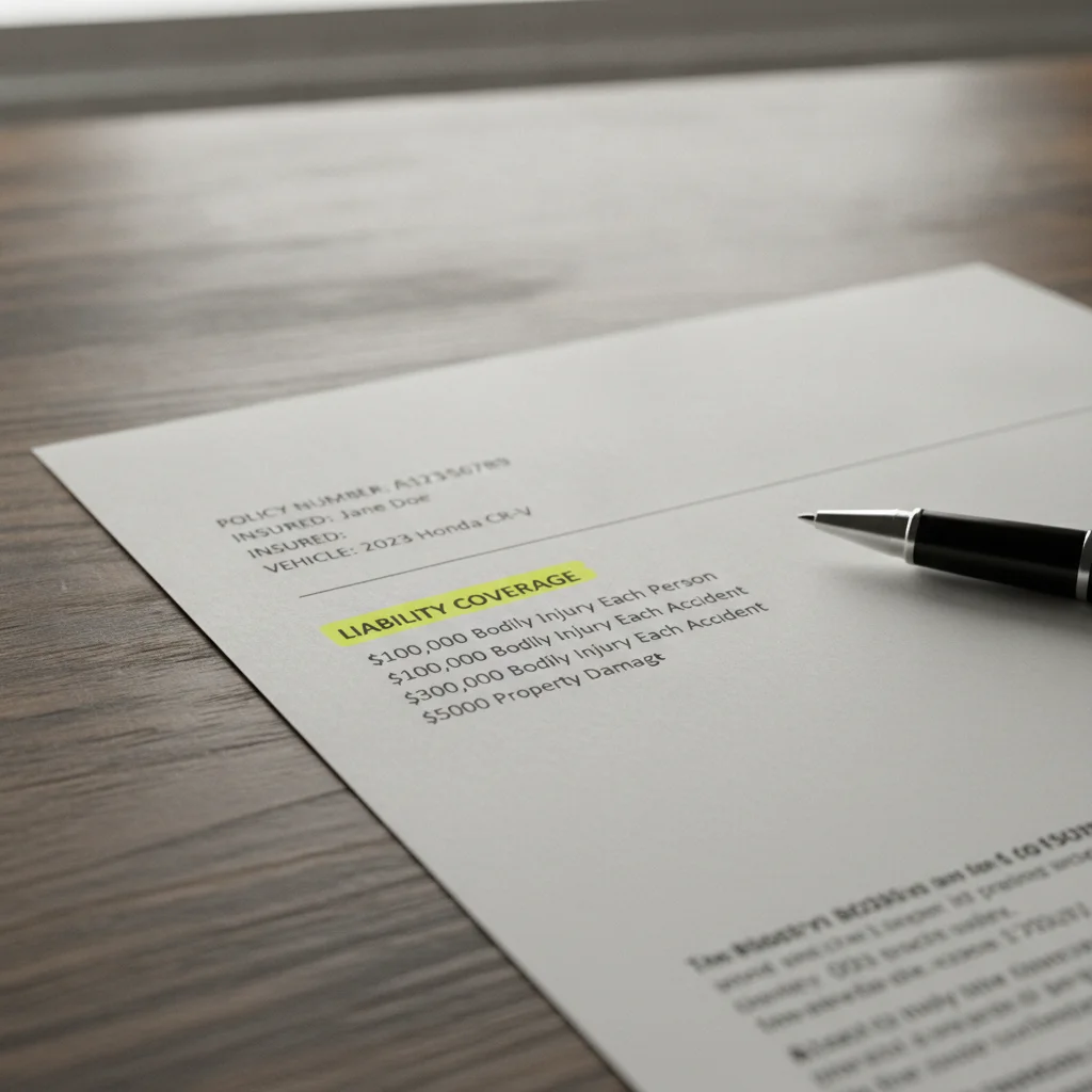 Auto insurance declarations page showing liability coverage limits highlighted on a wooden desk