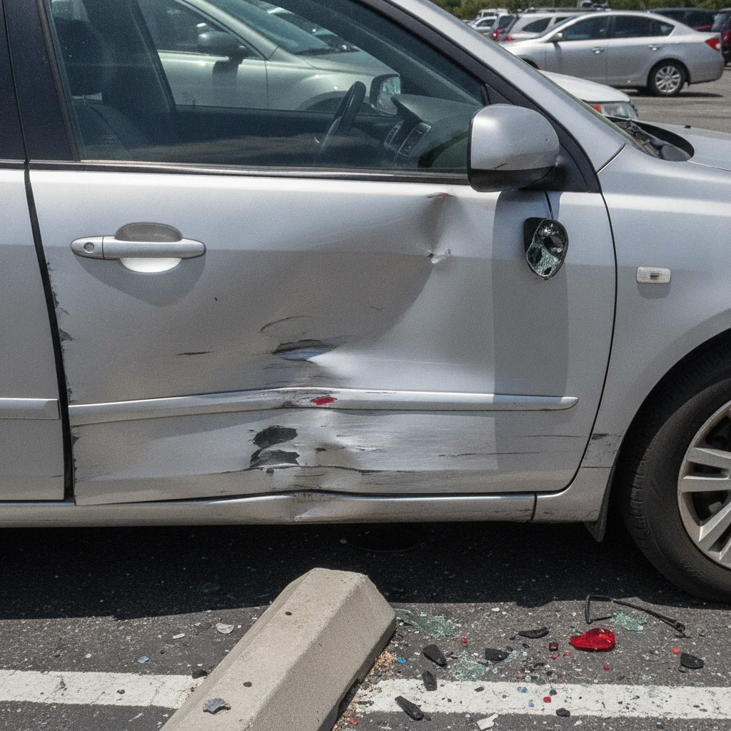 Crumpled car door with dent and paint damage from a parking lot collision