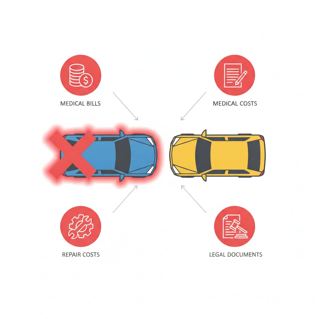 Overhead diagram of a two-car accident illustrating what costs liability coverage pays and does not pay