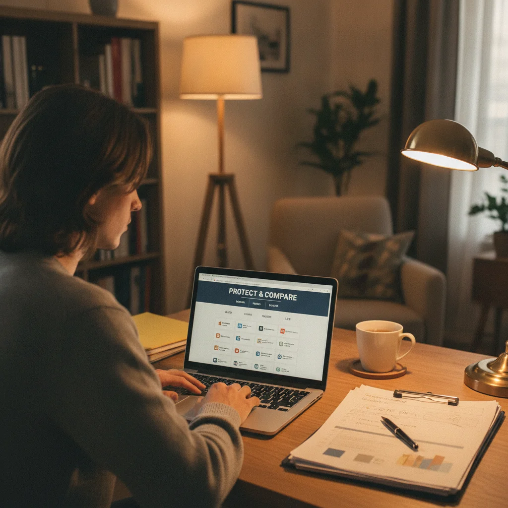 New driver comparing car insurance quotes online on a laptop at a home desk