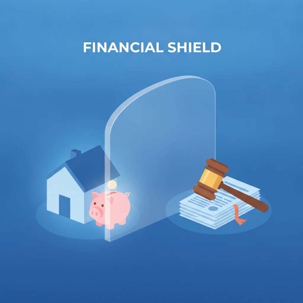 Protective barrier separating personal assets like a home and savings from legal judgment documents