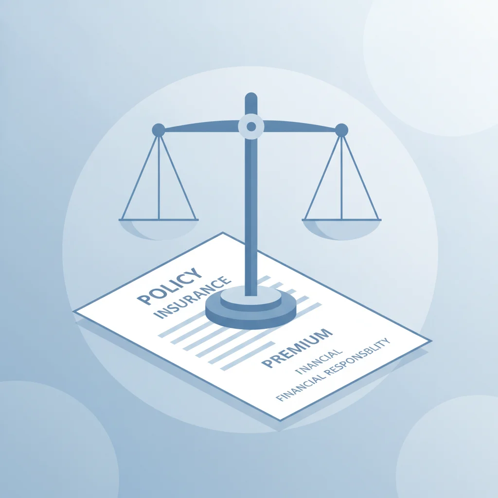 Legal scale balanced on top of a car insurance document representing liability protection