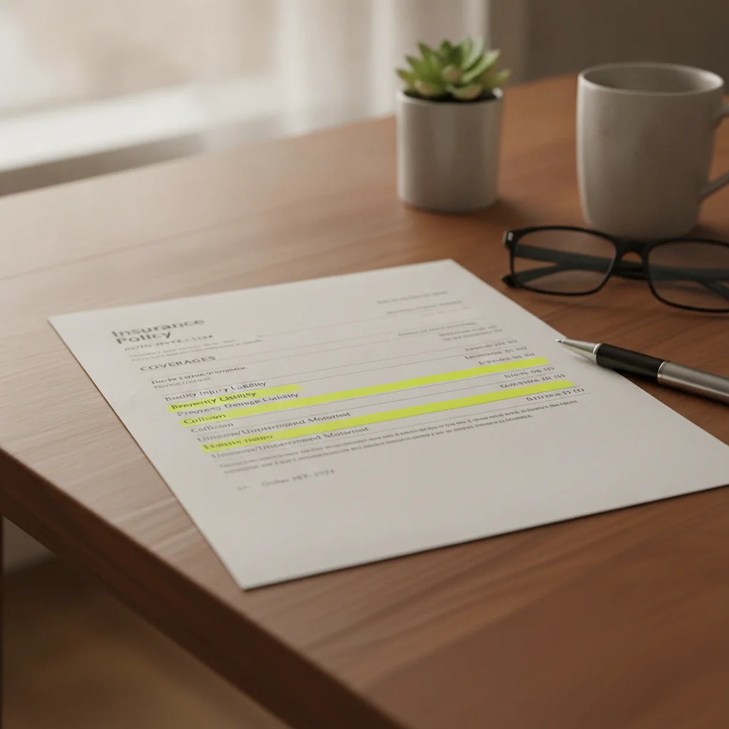 Car insurance declaration page with coverage sections highlighted showing liability and collision details