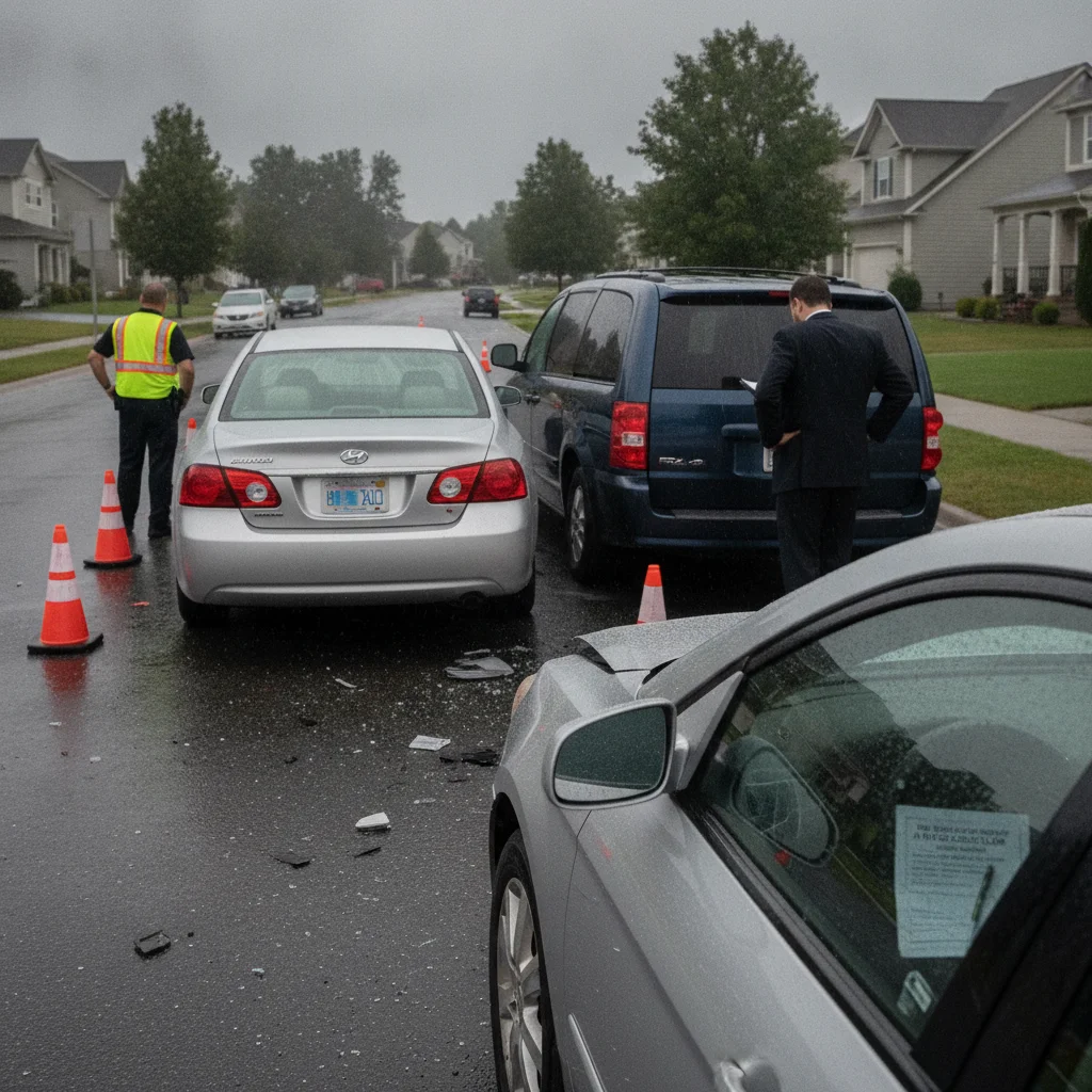 Two vehicles in a rear-end collision on a suburban street with safety cones placed around them