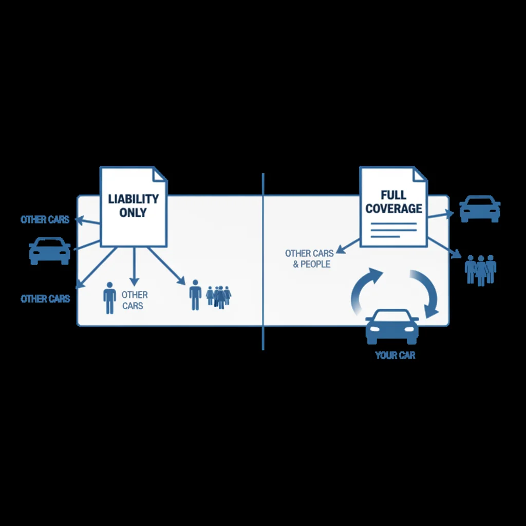 Diagram illustrating how liability coverage protects others while full coverage also protects the policyholder's own vehicle