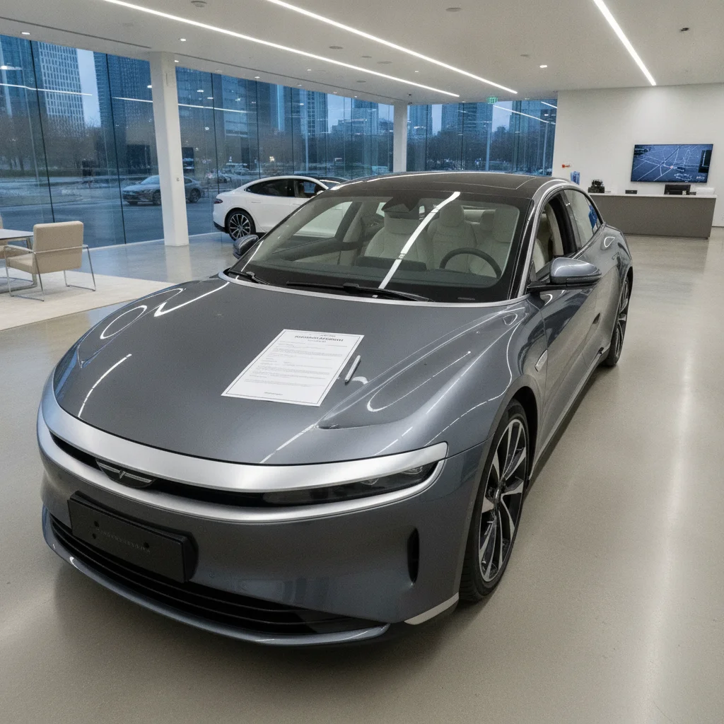 New car in a dealership with a financing agreement on the dashboard, representing lender insurance requirements