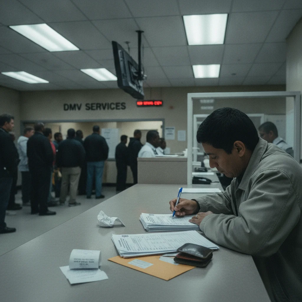 Person completing reinstatement paperwork at a DMV service counter with official forms on the desk.