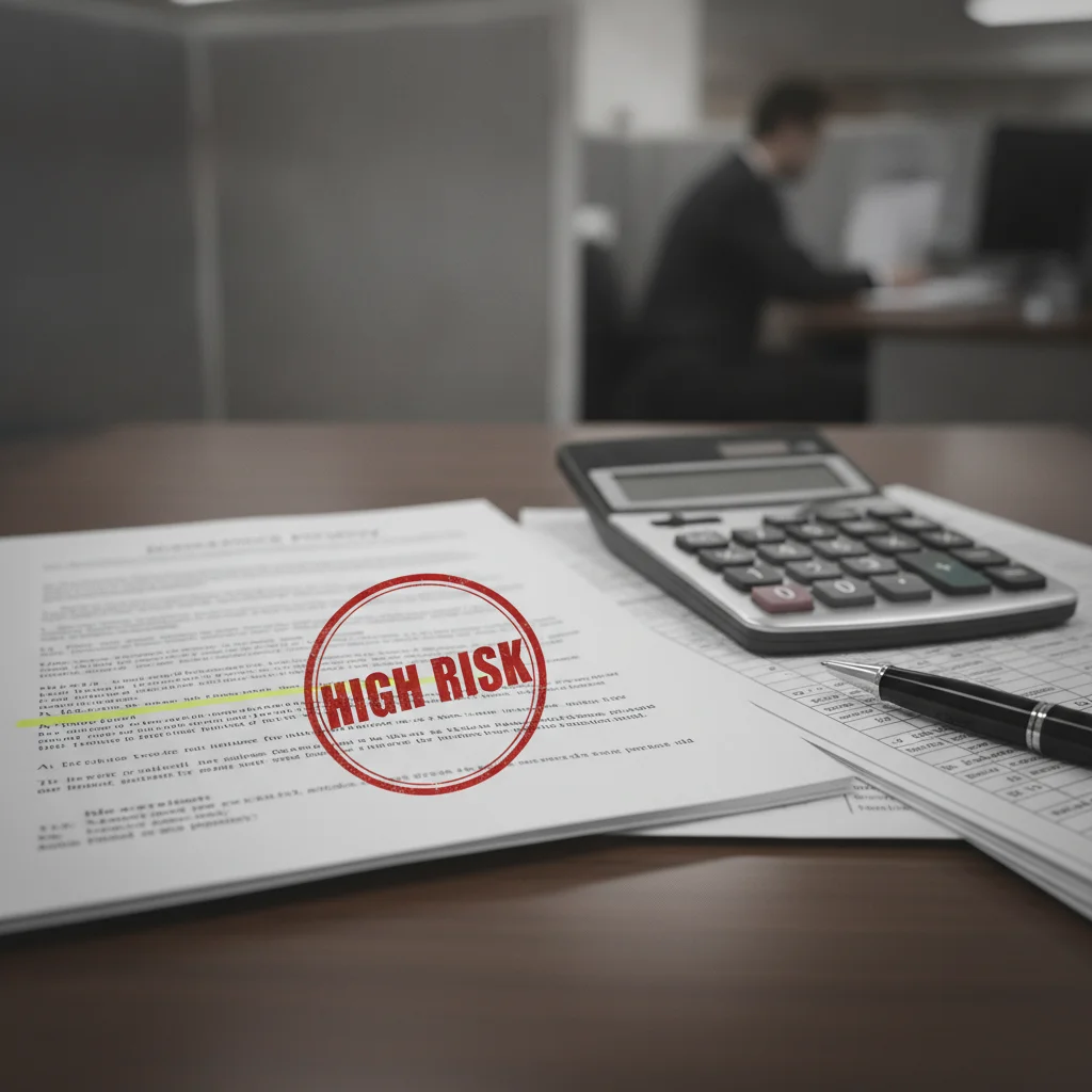 Insurance policy document stamped with high risk designation alongside a calculator on a desk.
