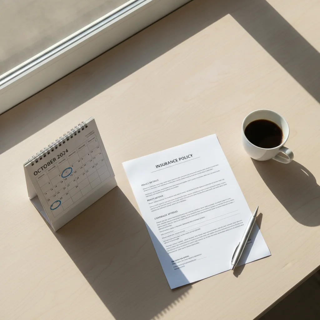 An insurance policy document on a desk beside a calendar and pen, suggesting a review moment.