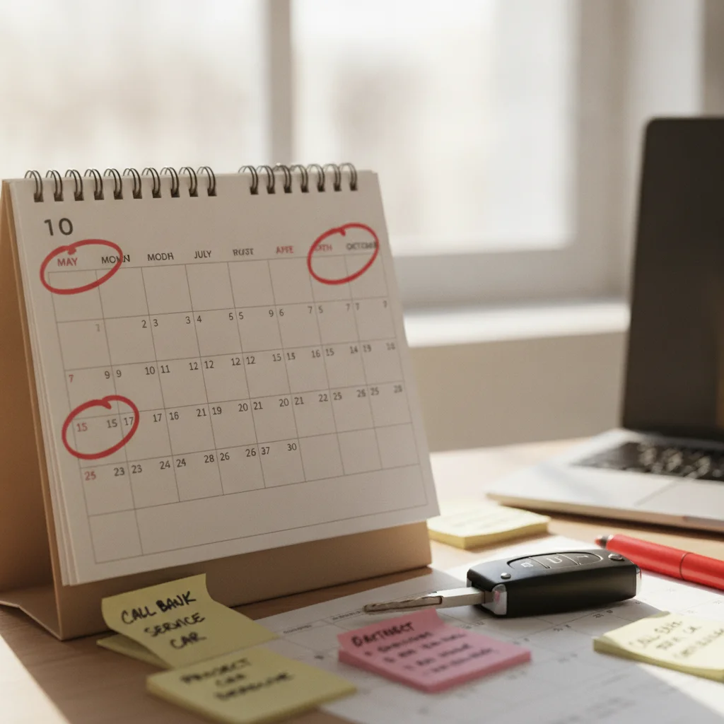 A calendar with circled dates next to car keys, representing the importance of timing a vehicle sale.