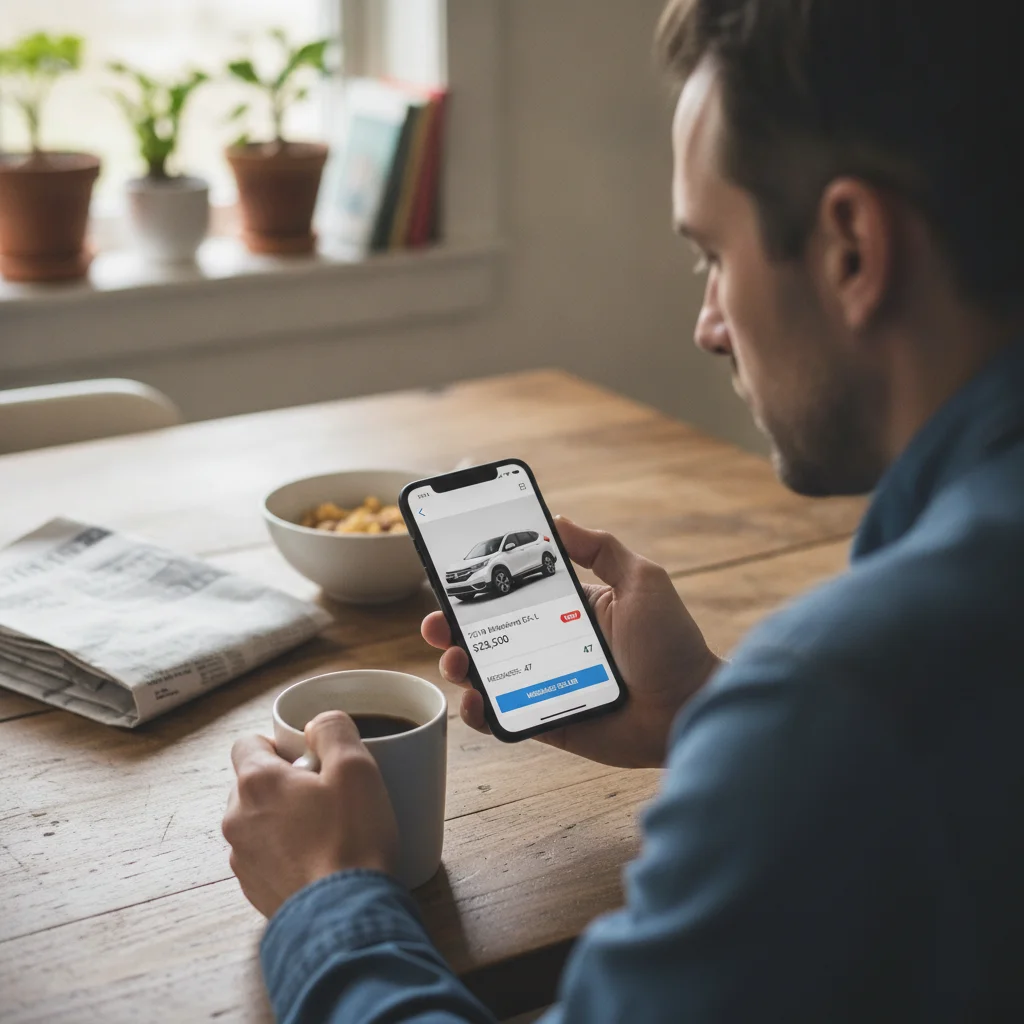 A person checking a used car listing on a smartphone, monitoring views and buyer inquiries.