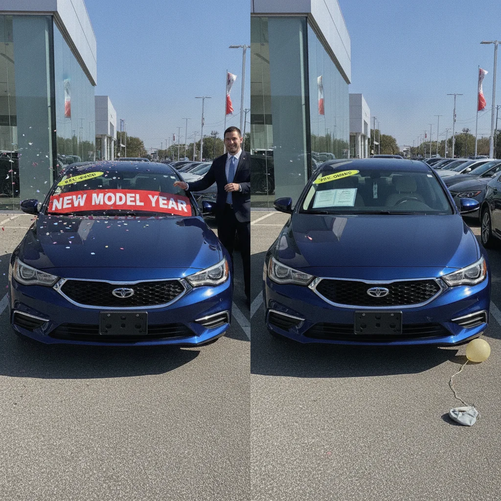 Two similar cars in a dealership lot, one marked as new model year, illustrating model year competition for sellers.