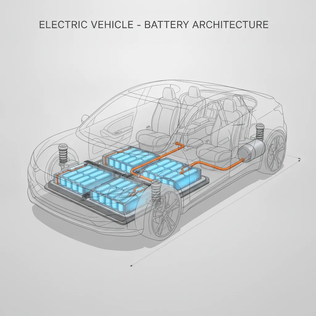 Cutaway view of an EV showing the battery pack modules positioned under the vehicle floor