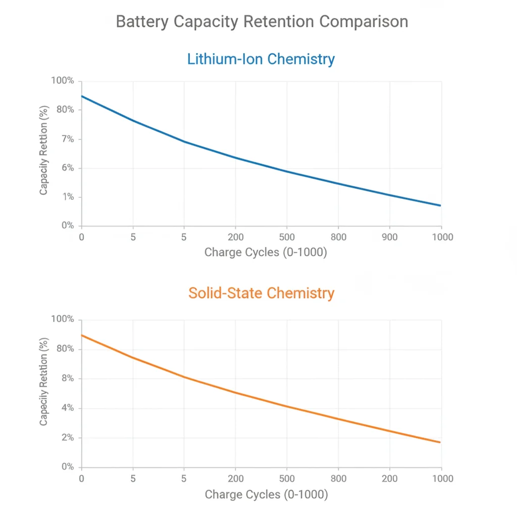 Graph showing LFP battery retaining capacity over more charge cycles compared to NMC chemistry